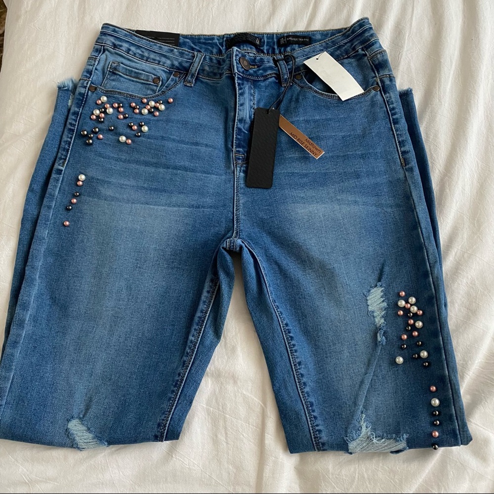 Lala Anthony collection Faux Pearl-Accented Distressed Skinny Jeans size 14 / 33 - Picture 4 of 6